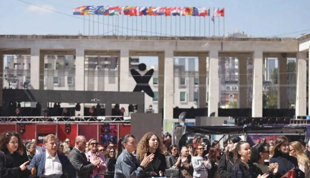 Background image showing exhibition hall